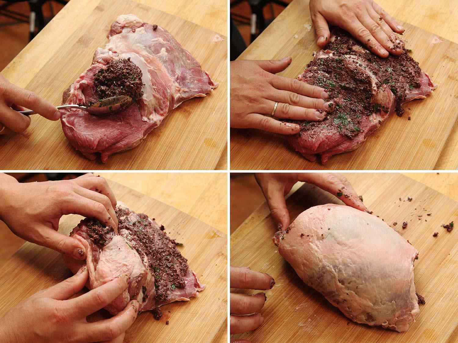 Collage of spreading an olive paste on the interior of a butterflied leg of lamb and then rolling it up into a tidy roast.