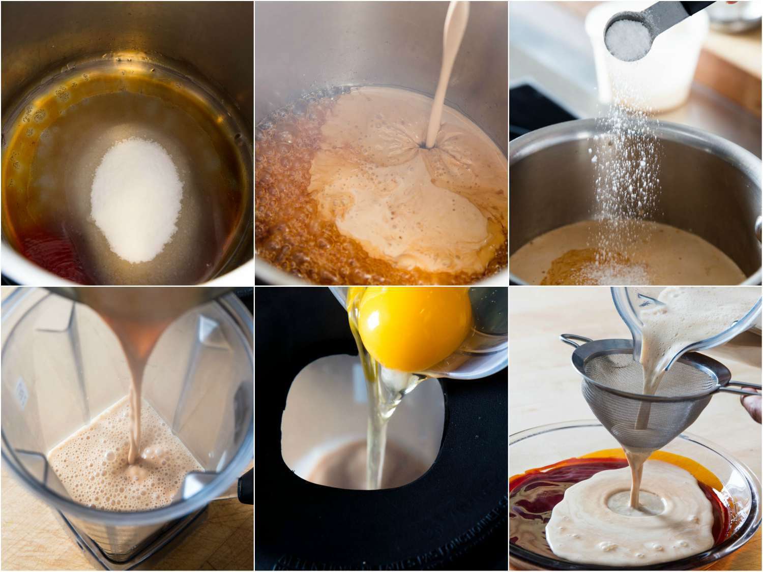 A six-image collage: caramelize sugar in the same pot for the caramel syrup, adding cream and salt to the pot. The next step is to temper the eggs by pouring the caramel, cream, and milk mixture into a blender. Turn blender on to low and, while the blender is running, add whole eggs, yolk, salt, and vanilla. 