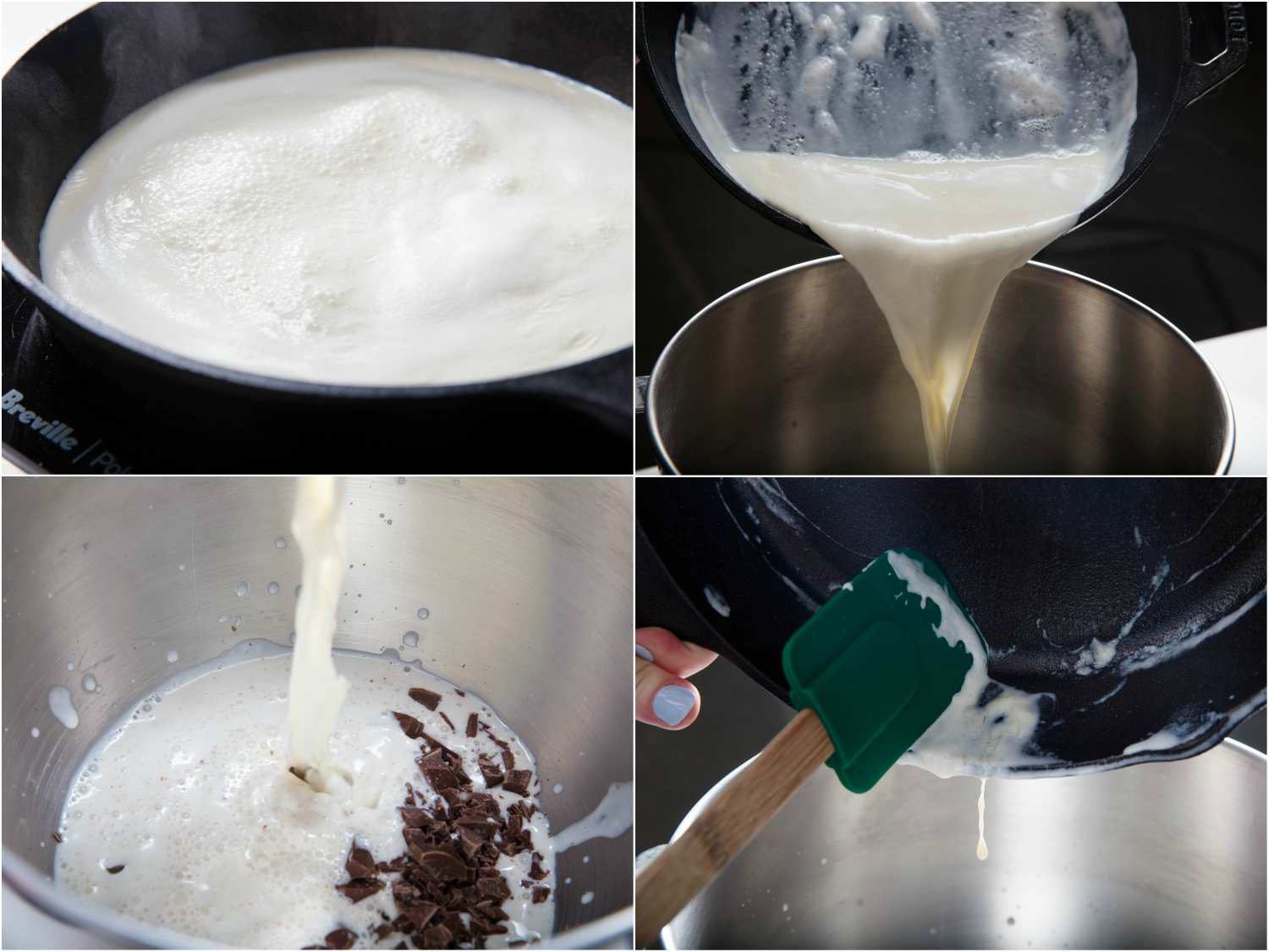 Collage of 4 photos of pouring hot cream over chopped chocolate in a bowl to make ganache and scraping the skillet containing cream so nothing is left behind.