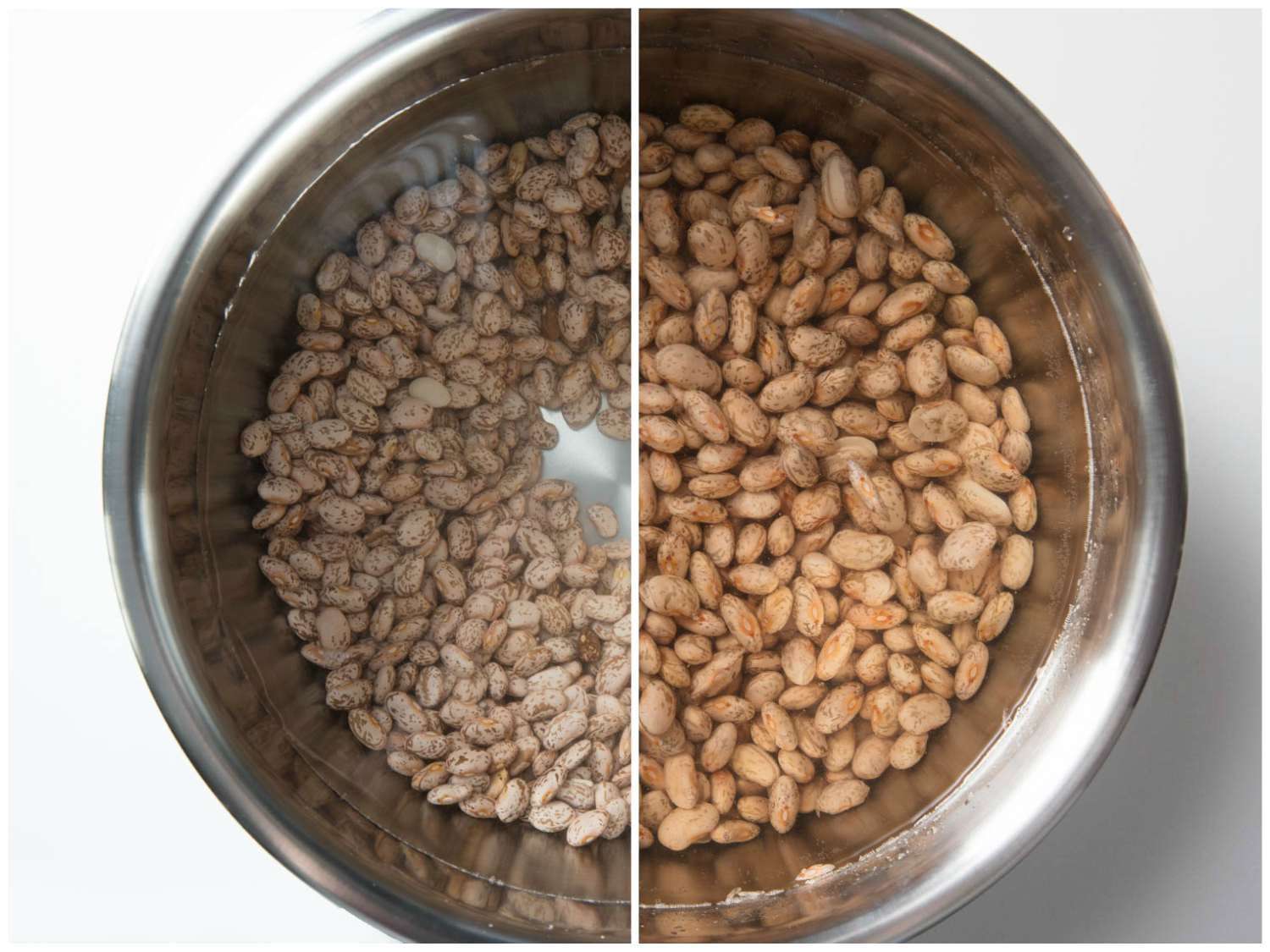 Comparison of dried beans in water before and after they've soaked