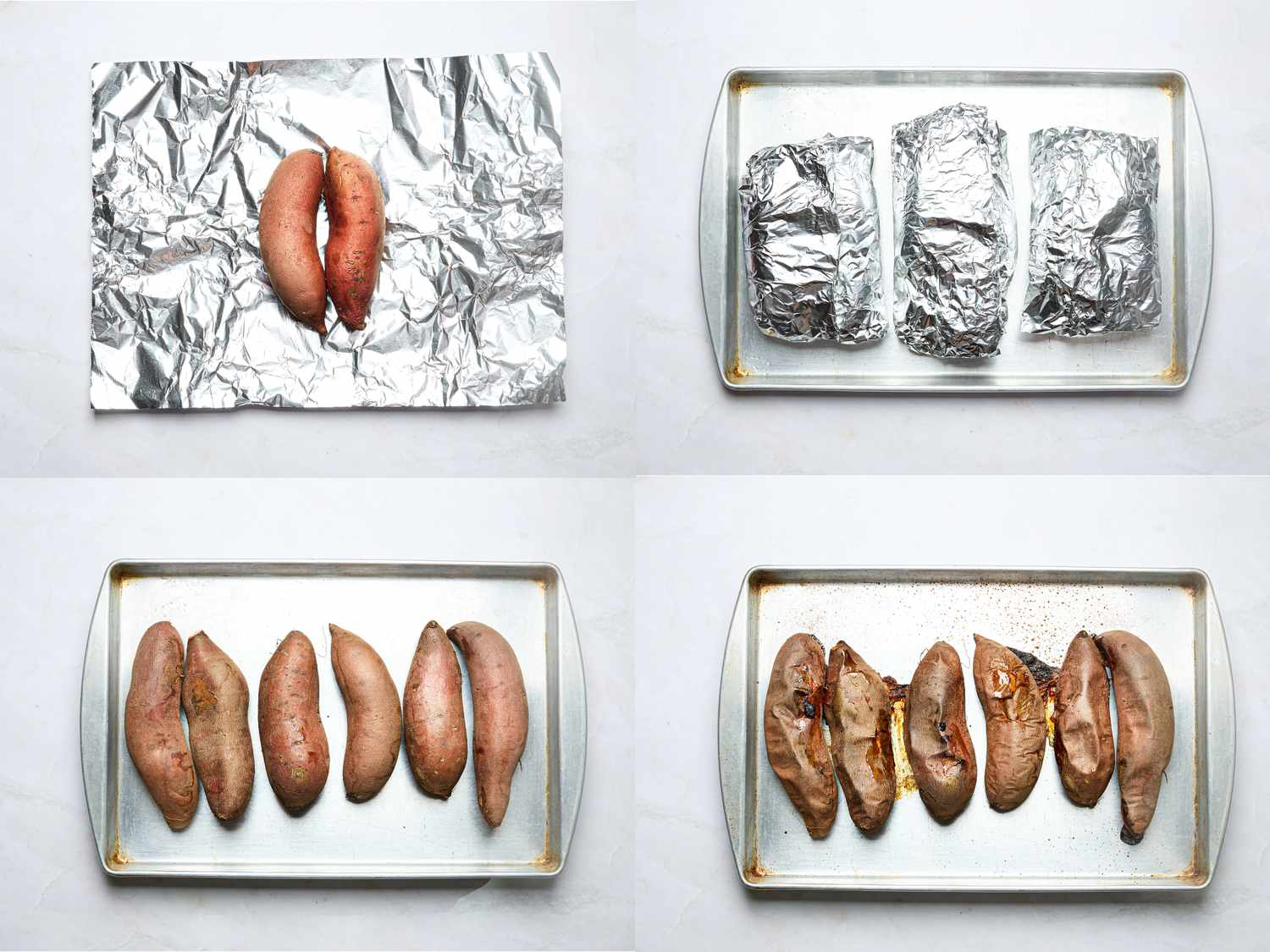 Four images showing the preparation of sweet potatoes including steps of wrapping in foil before baking and halving after baking