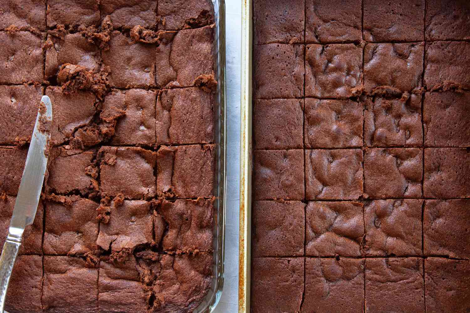 brownies baked in a glass pan on the left versus brownies baked in a metal pan on the right