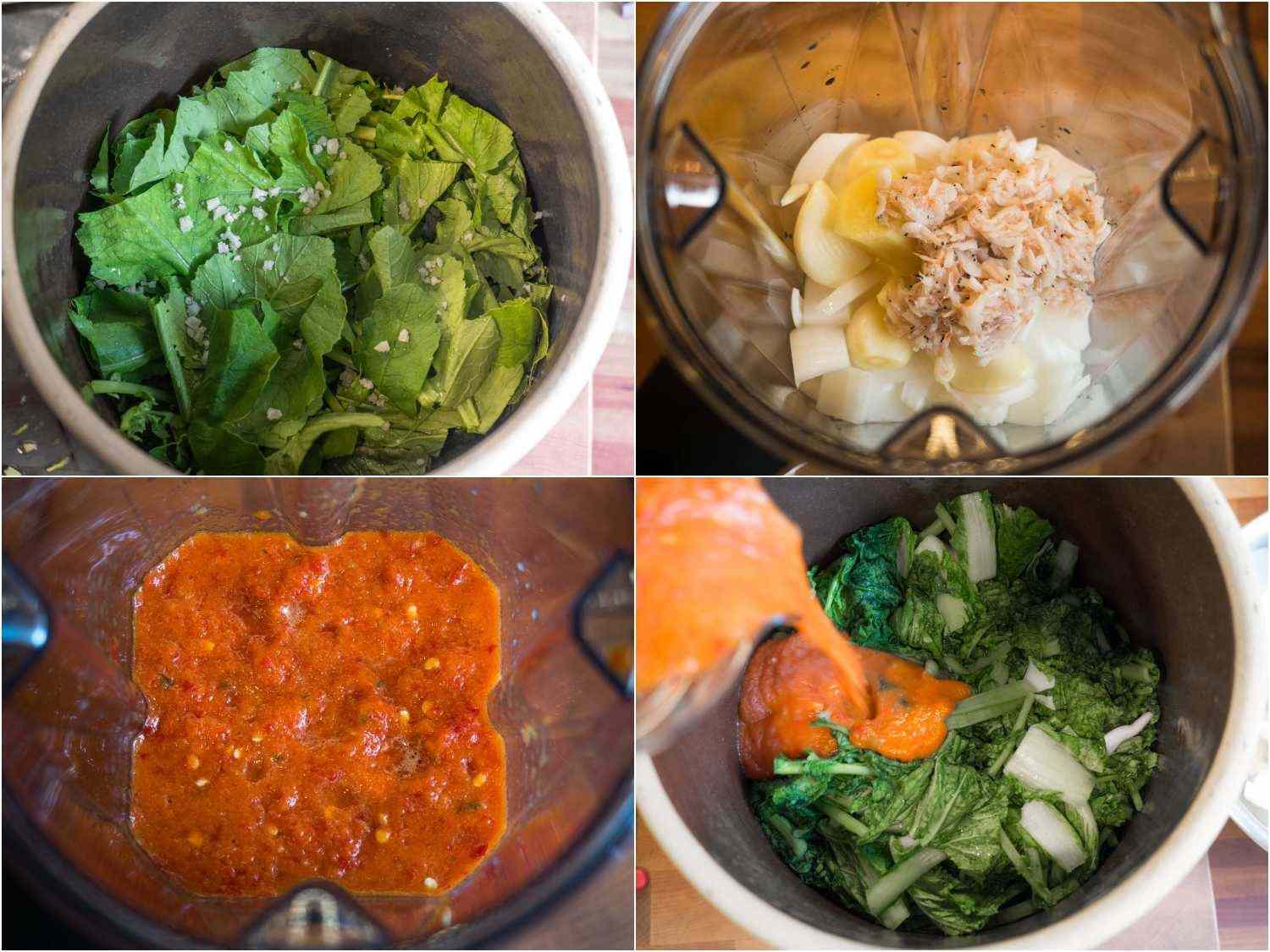 Collage of adding flavorings to young radish greens kimchi.
