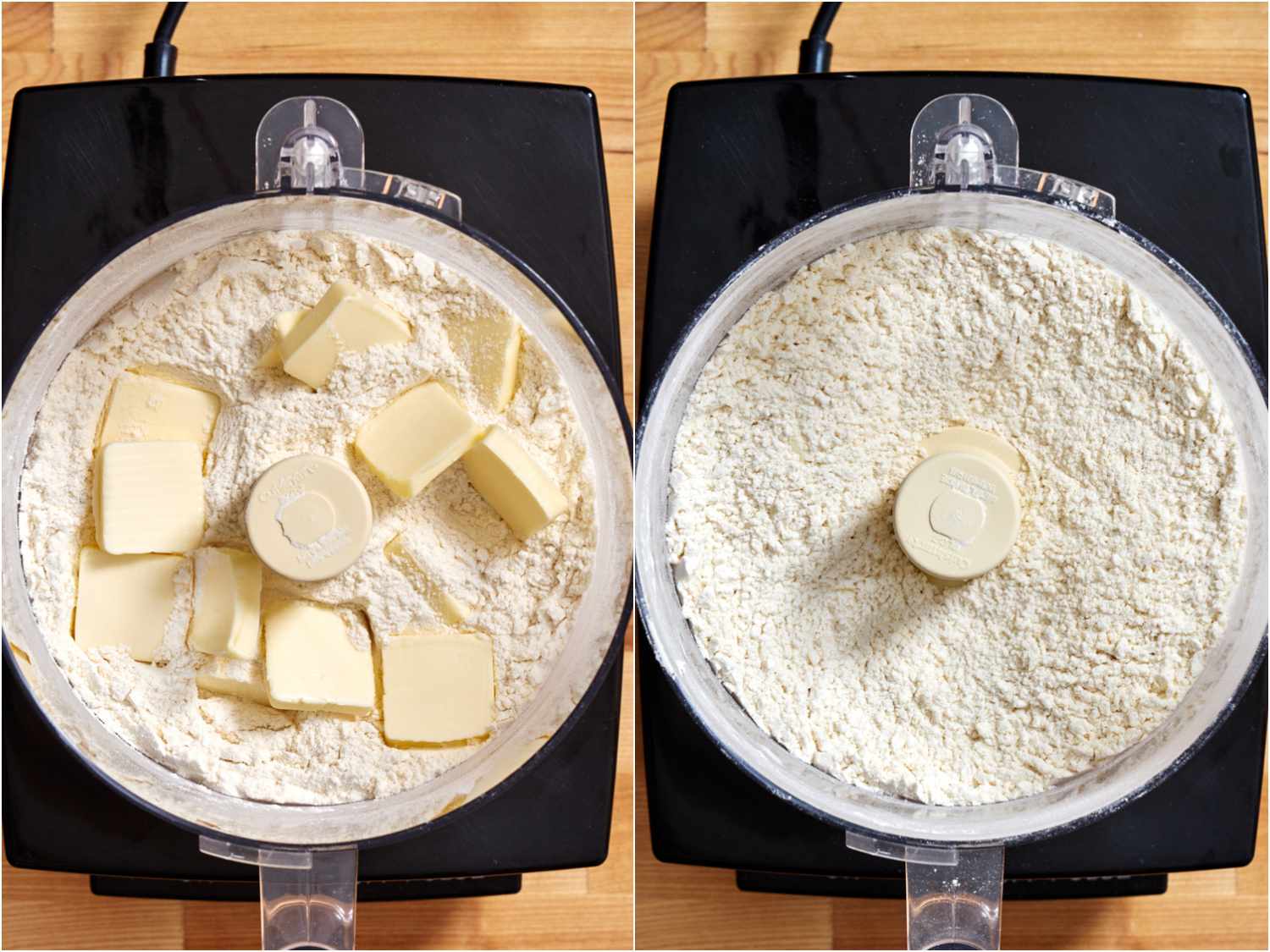 A collage: squares of butter and a flour mixture before and after pulsing to produce a coarse texture.