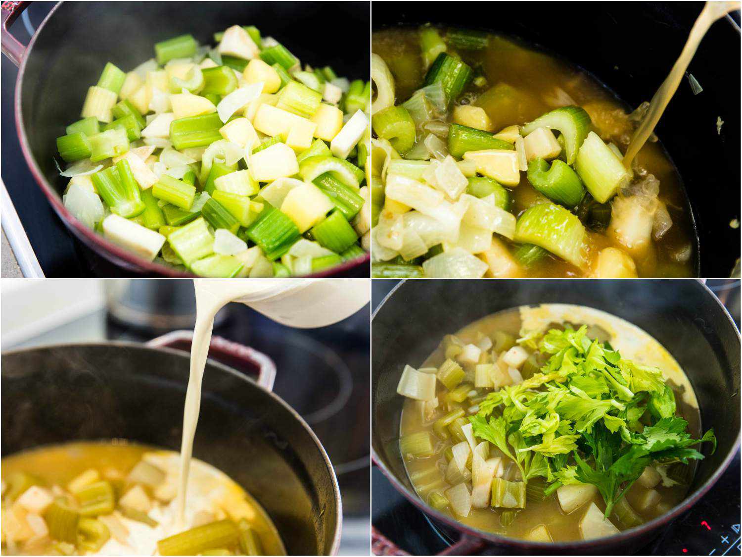 A collage of sweating vegetables for the celery soup, followed by adding stock, cream, and celery leaves.