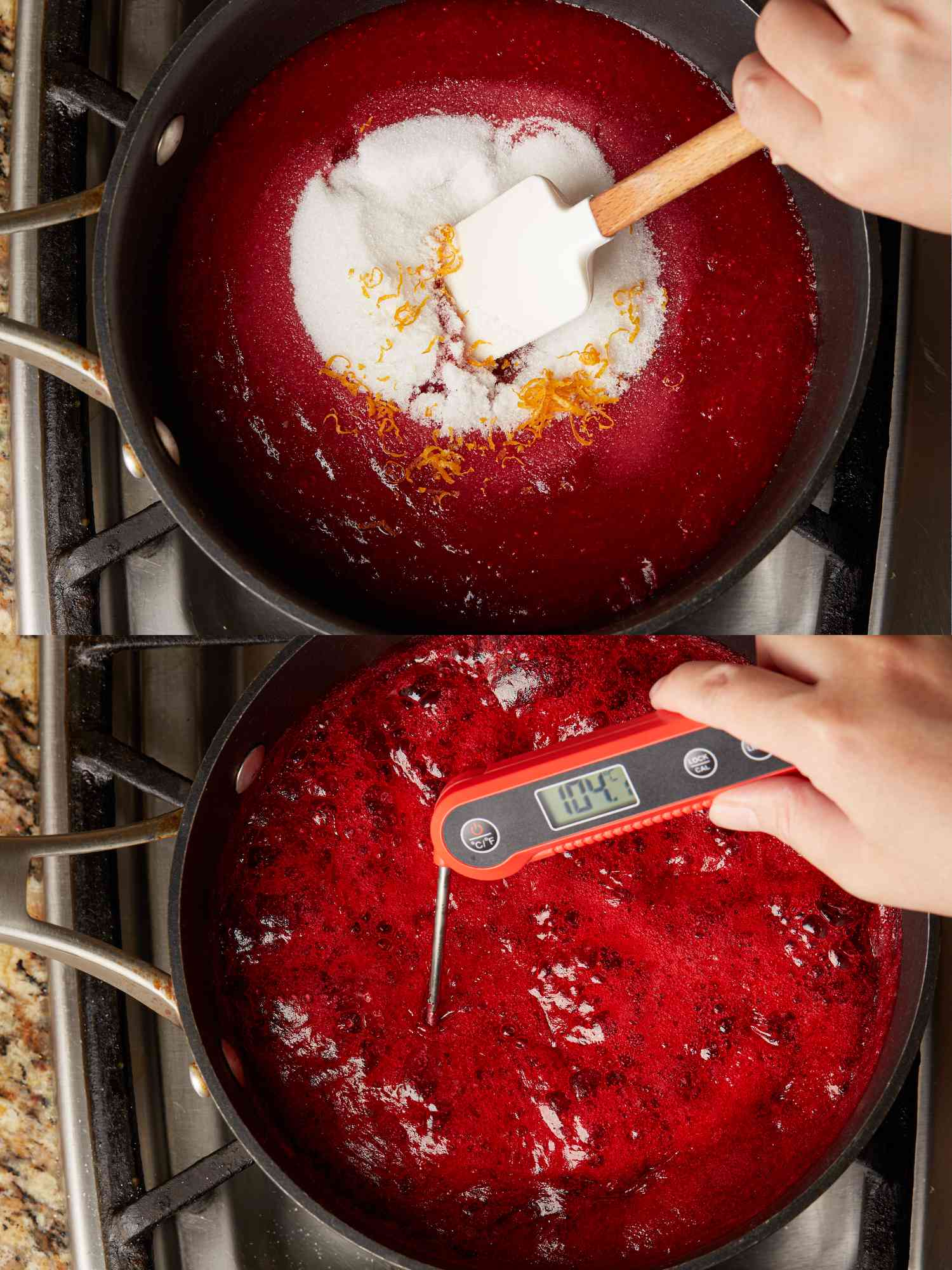 Two image collage. Top: Stirring sugar and orange zest into cranberries cooking in a saucepan. Bottom: Cranberry sauce boiling at 104 degrees in a saucepan 