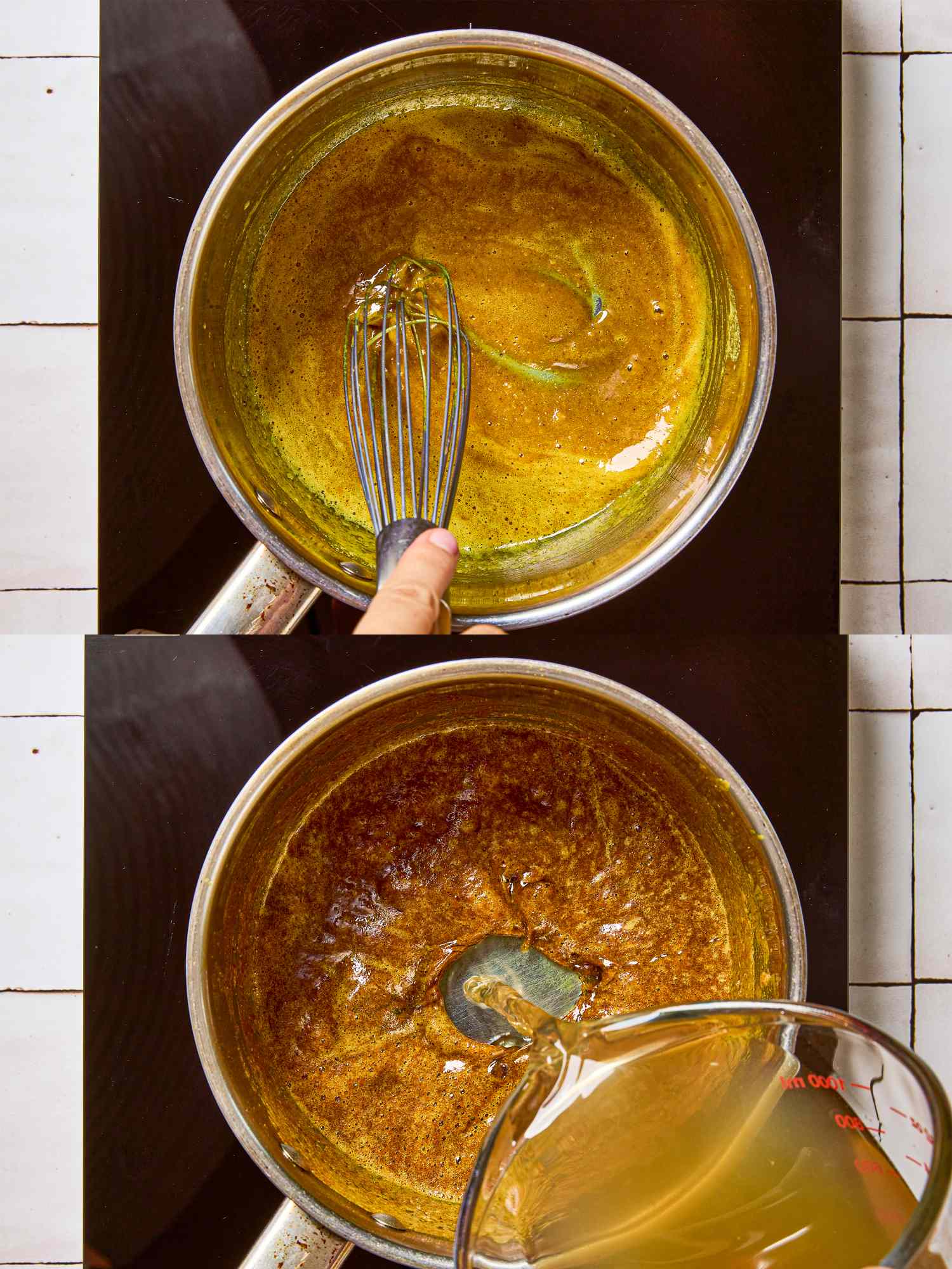 Two images of cooking in a saucepan stirring in the top frame pouring liquid in the bottom frame