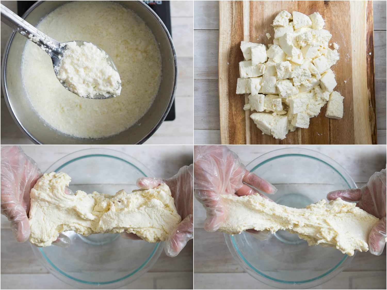 Photo collage showing an attempt to make fresh mozzarella from pasteurized homogenized milk, with the curds breaking and tearing. 
