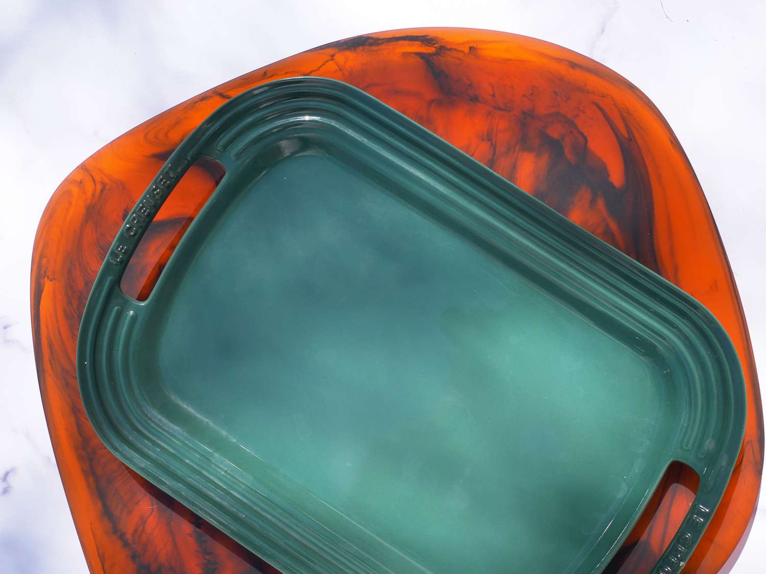 the le creuset platter, which was just large enough, on top of a much larger (too big) platter