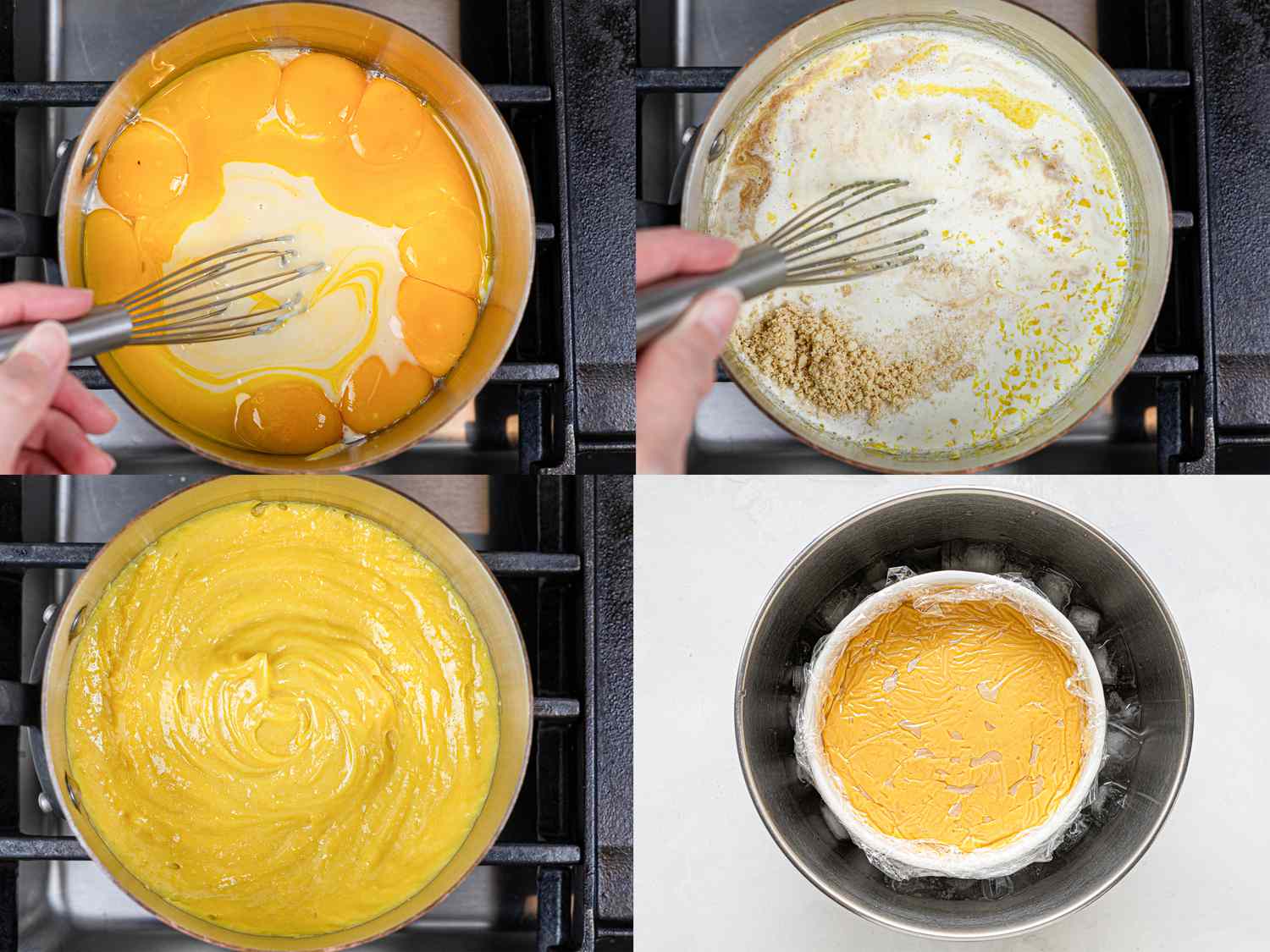 Four image collage of whisking eggs and mixture for egg custard