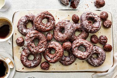 Overhead view of chocolate cake doughnuts