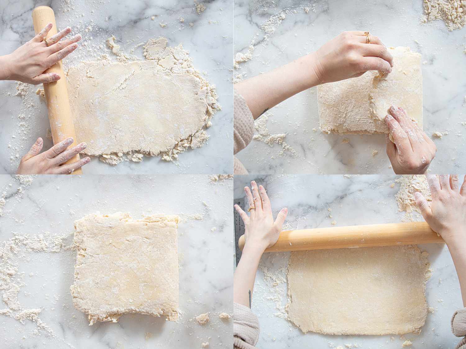 Four image collage of rolling dough