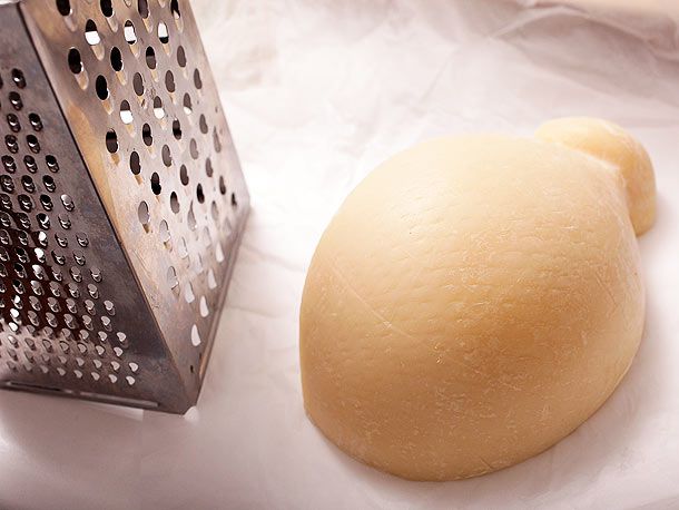 A teardrop-shaped chunk of Ragusano cheese.