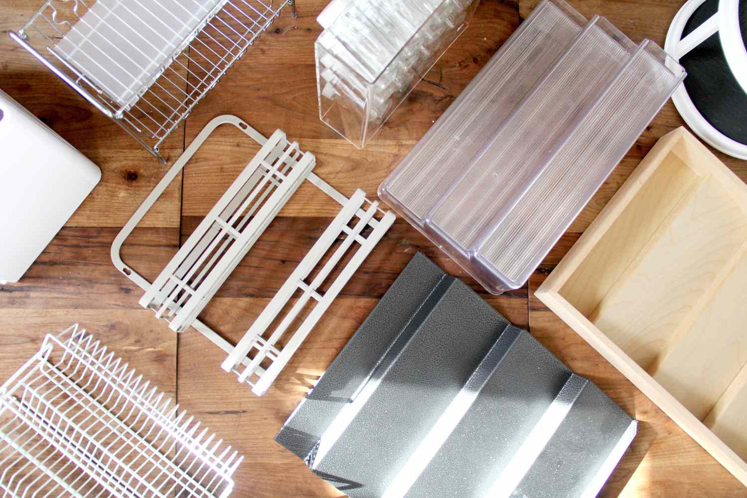 a variety of spice racks on a wooden surface