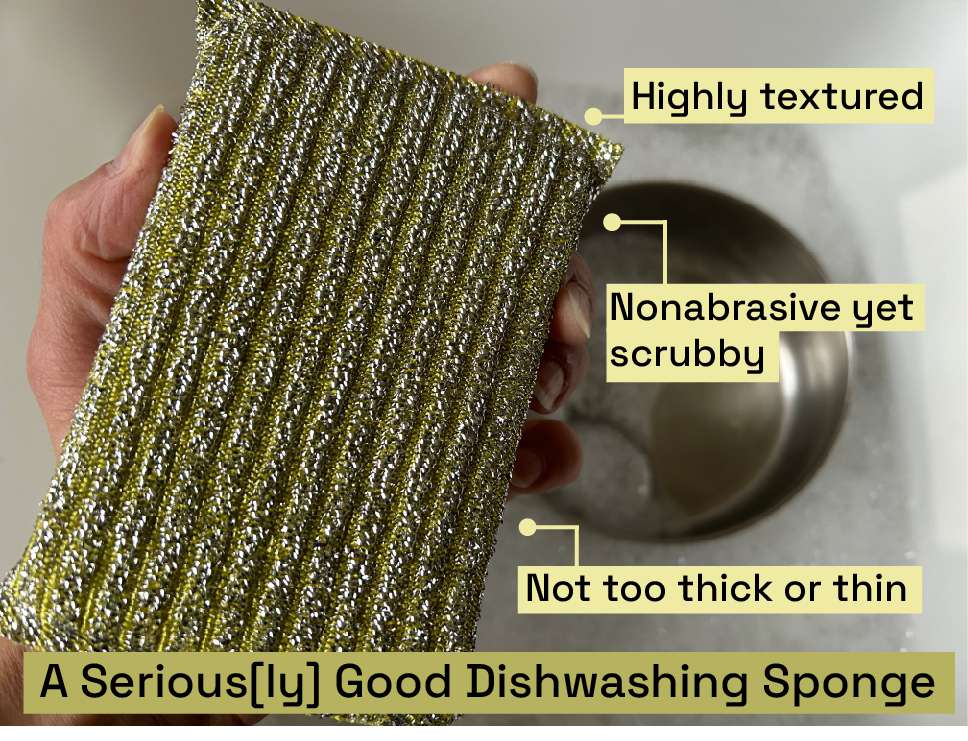 A hand holding a gold sparkly dishwashing sponge