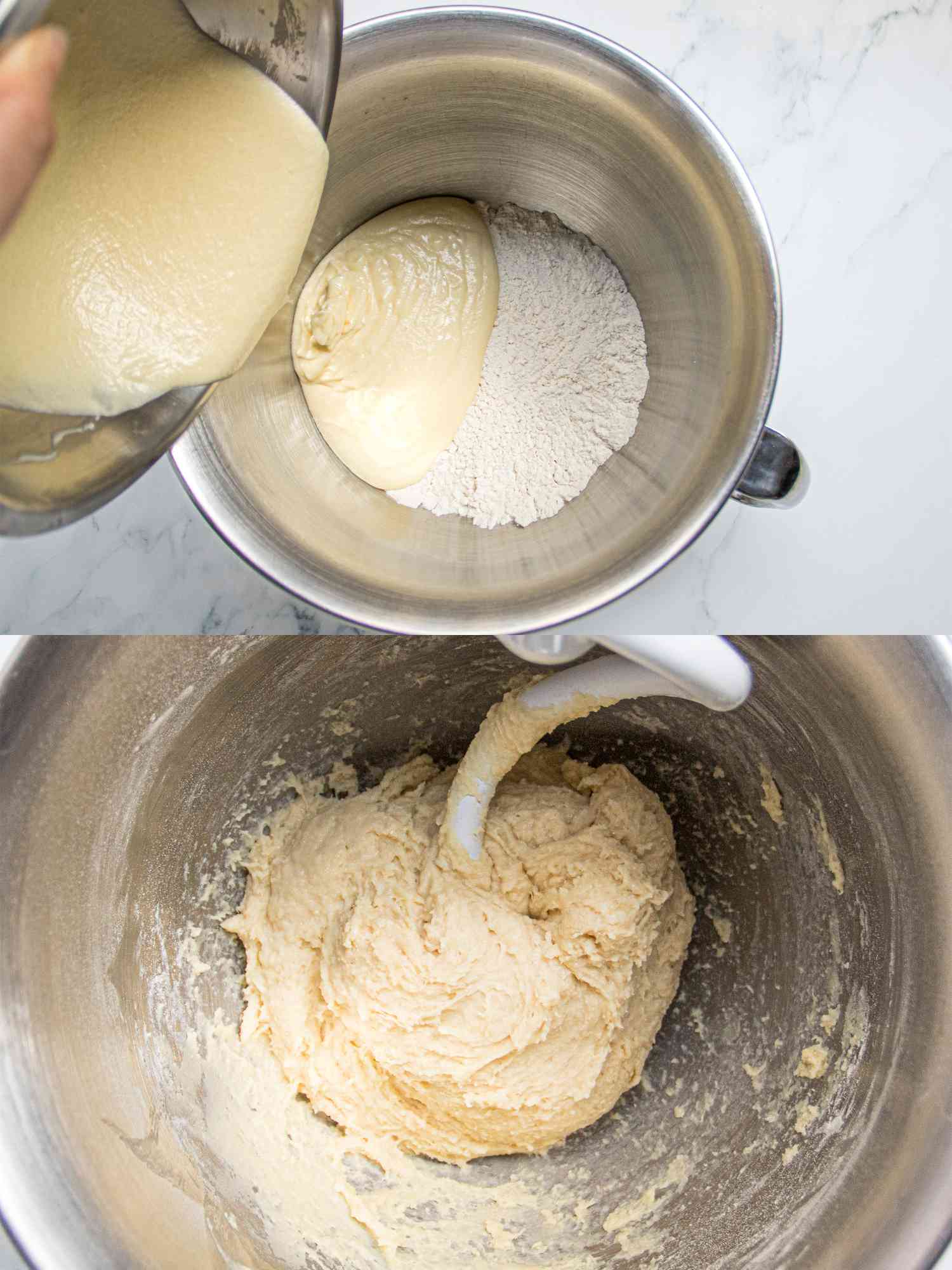 Two image collage of mixing dough in stand mixer bowl