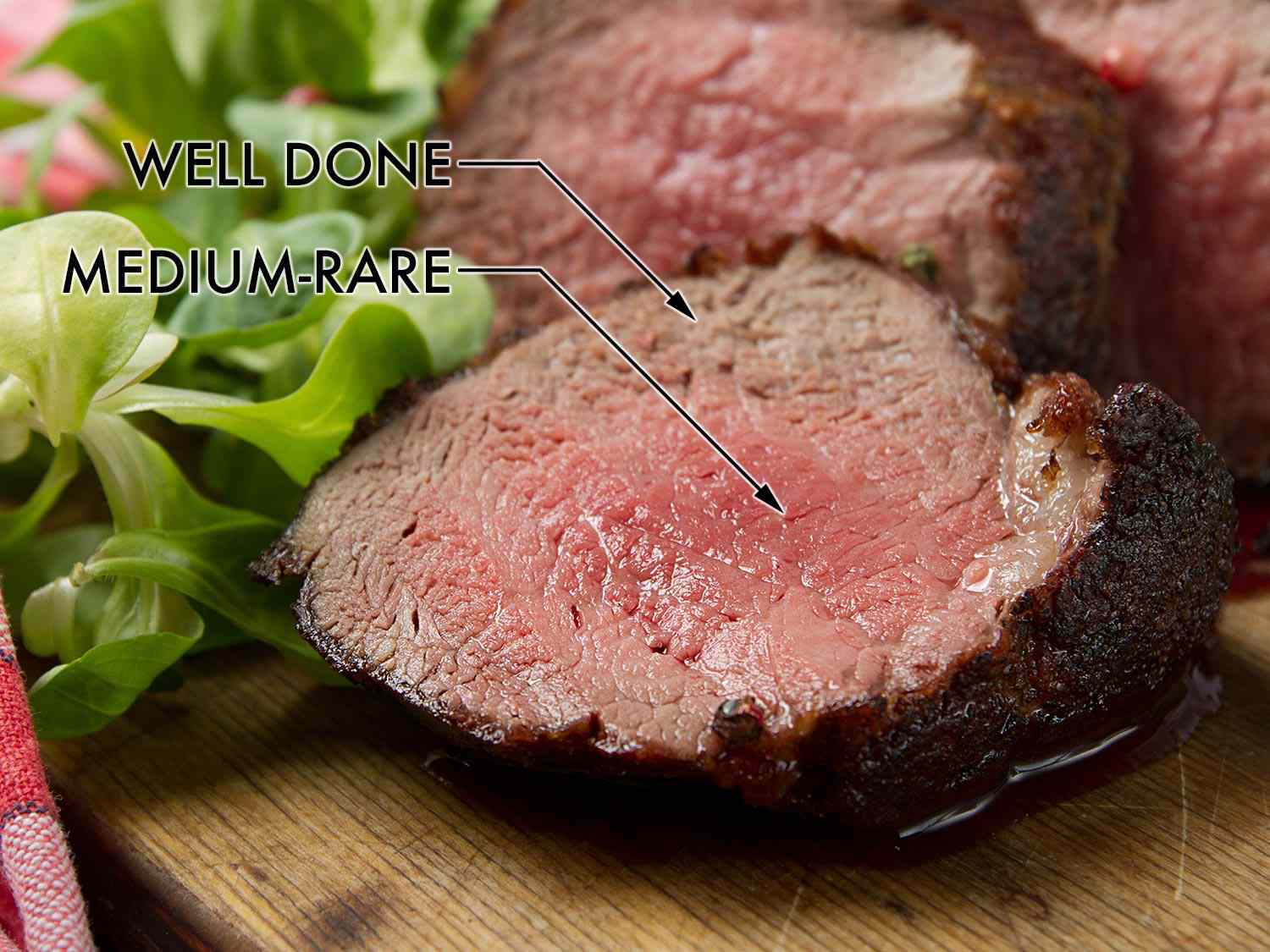 Slices of beef tenderloin with medium rare center and well done edge