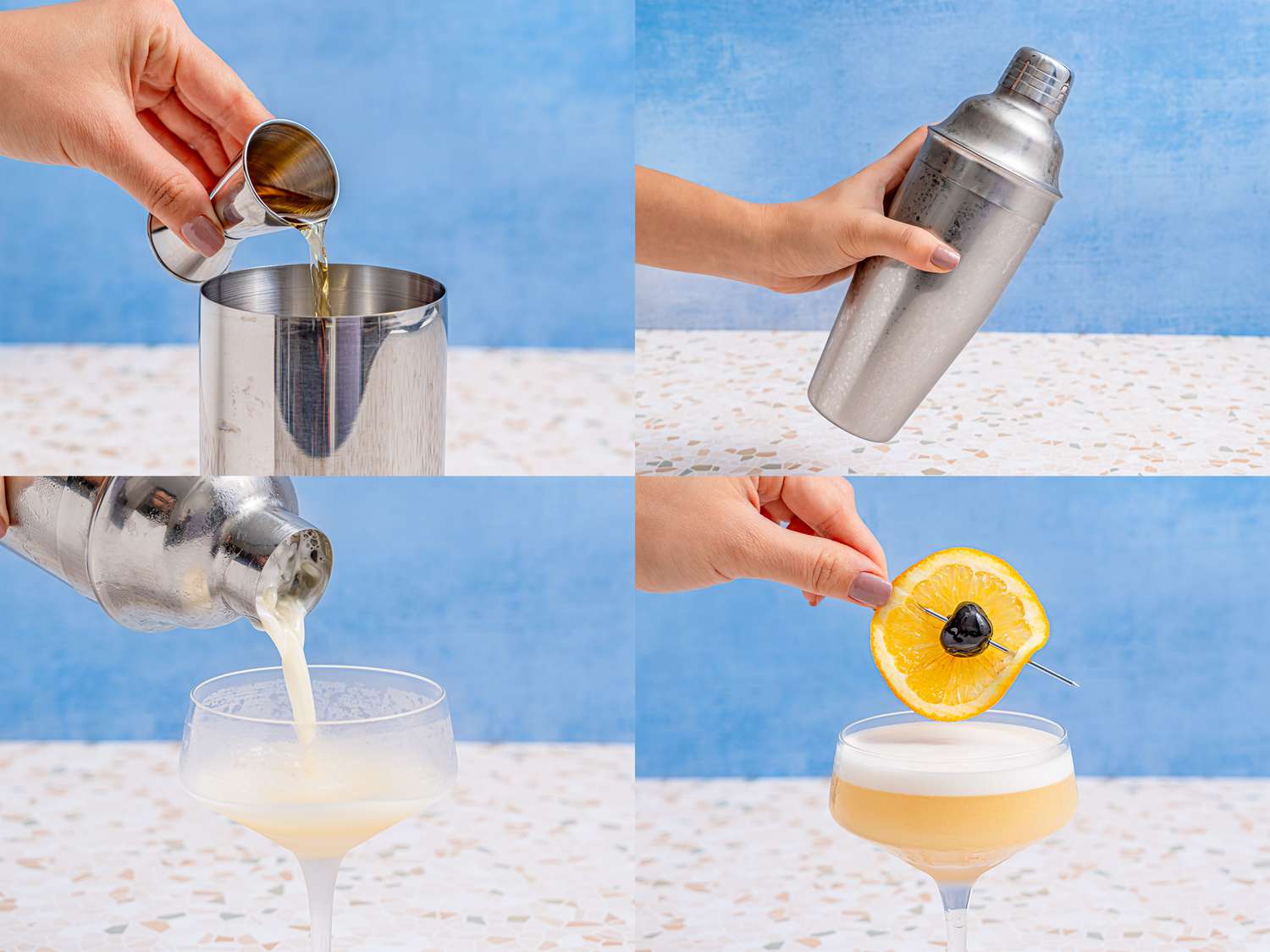 Four photos showing how to make a whiskey sour. The first photo shows whiskey being poured into a cocktail shaker. The second photos shows a hand shaking a cocktail shaker. The third photo shows the cocktail being poured into a cocktail glass. The fourth and final photo shows a whiskey sour being garnished with an orange wheel and a cherry on a cocktail pick.