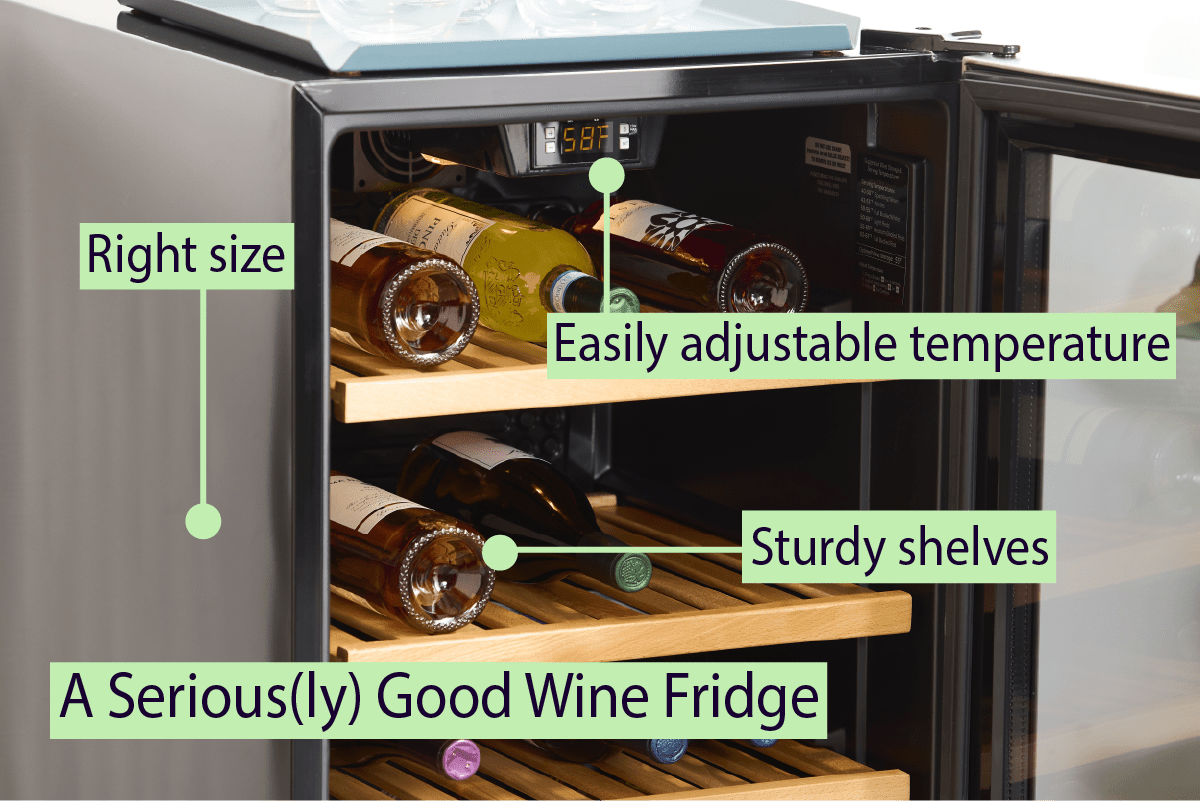 A wine fridge with multiple bottles of wine in it.