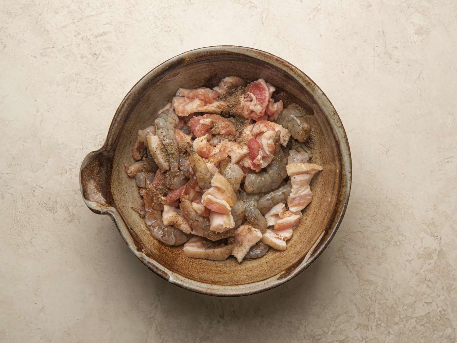 Overhead view of pork and shrimp 