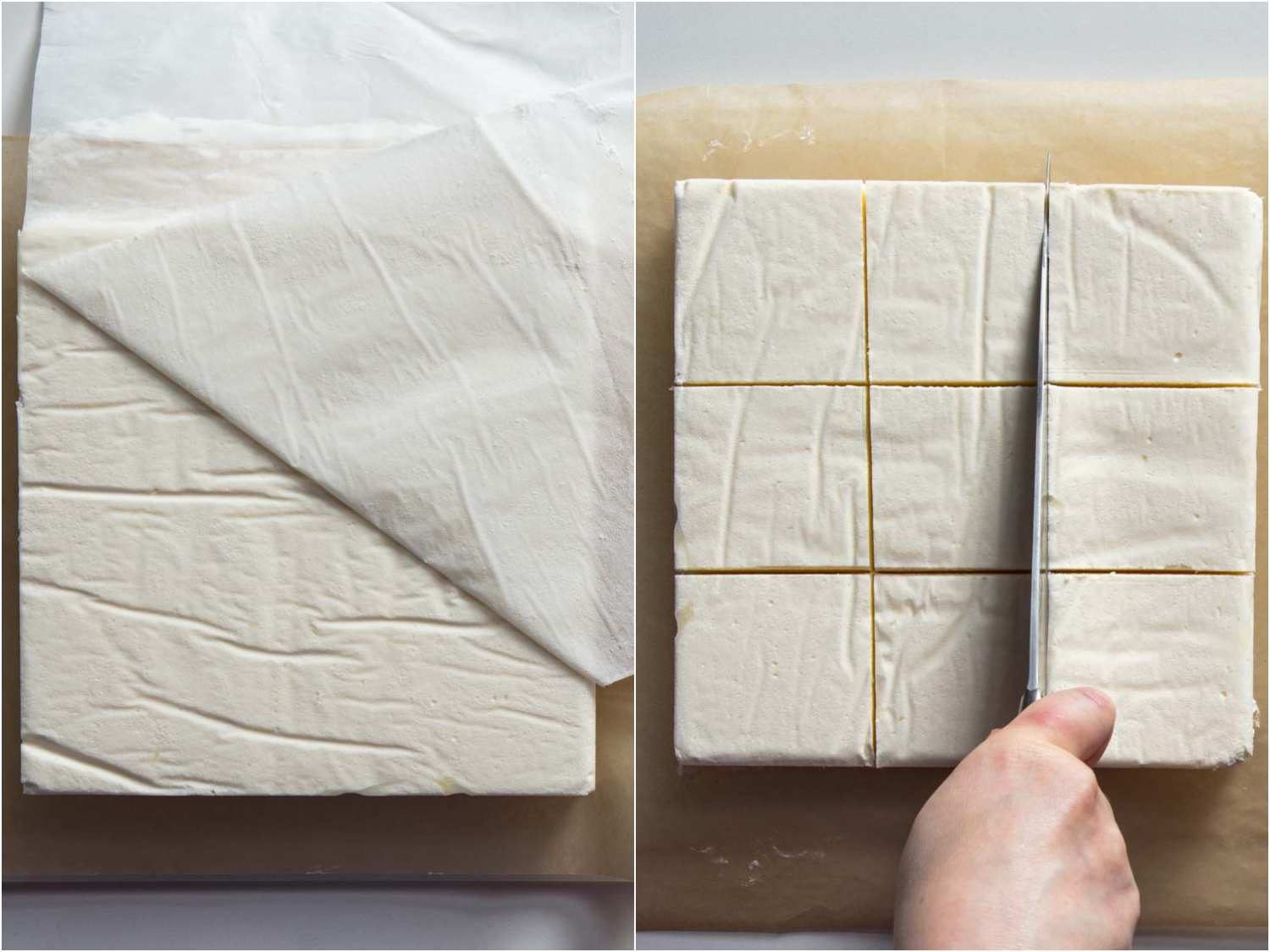 Side by side images showing removing the parchment paper from the slab of no-churn ice cream and cutting it into nine squares.