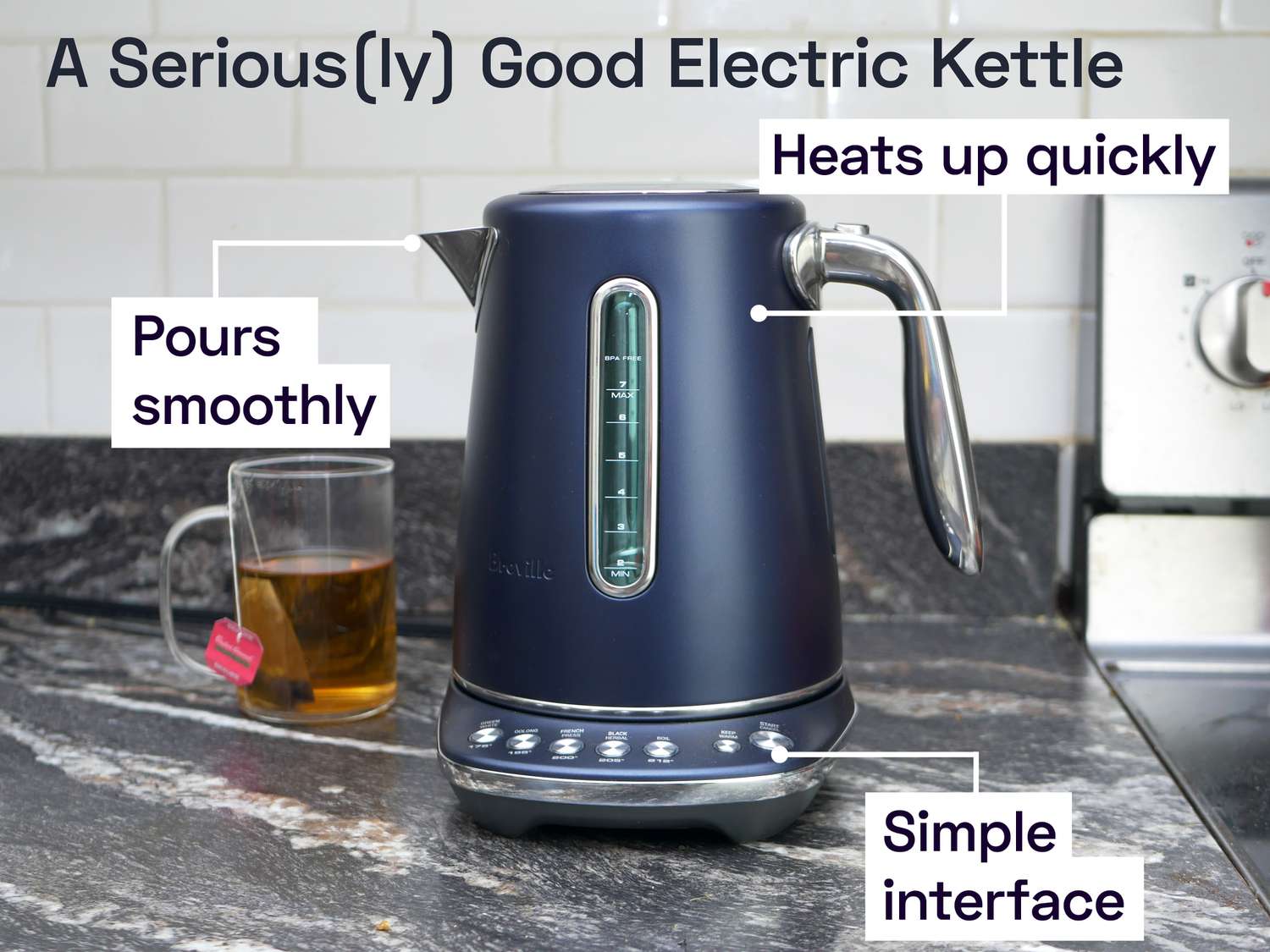 the breville luxe variable kettle with the following type overset on the image: A Seriously good electric kettle; pours smoothly; heats up quickly; simple interface