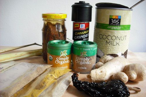 Ingredients lined up to make yellow curry with lobster.