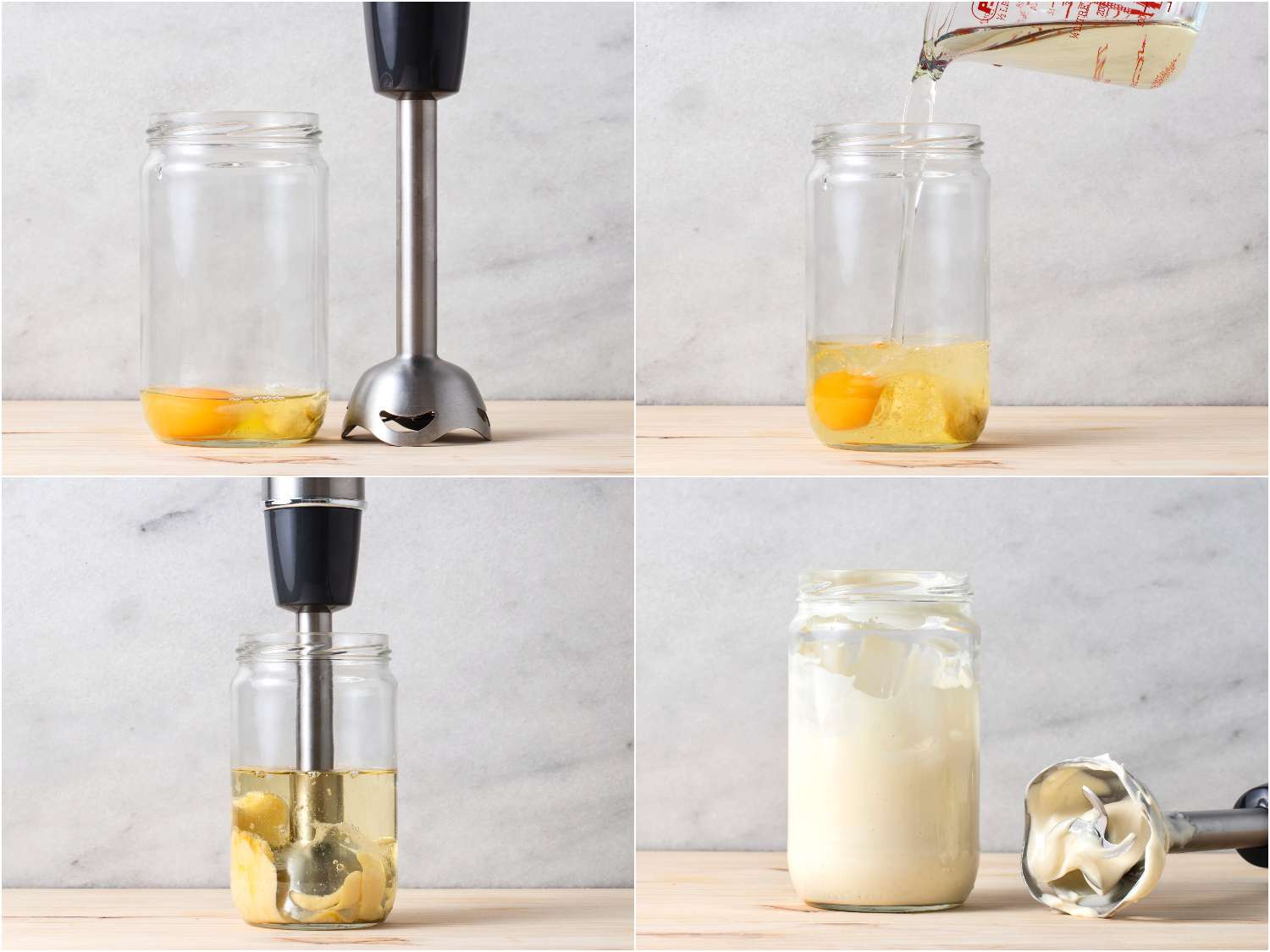 A collage of the two-minute mayonnaise being made. Clockwise from the top left quadrant: a glass jar containing the ingredients minus the oil next to an immersion blender; the oil being poured into the jar; the blender processing all of the ingredients together; the fully emulsified mayonnaise in the glass jar with the immersion blender next to it.