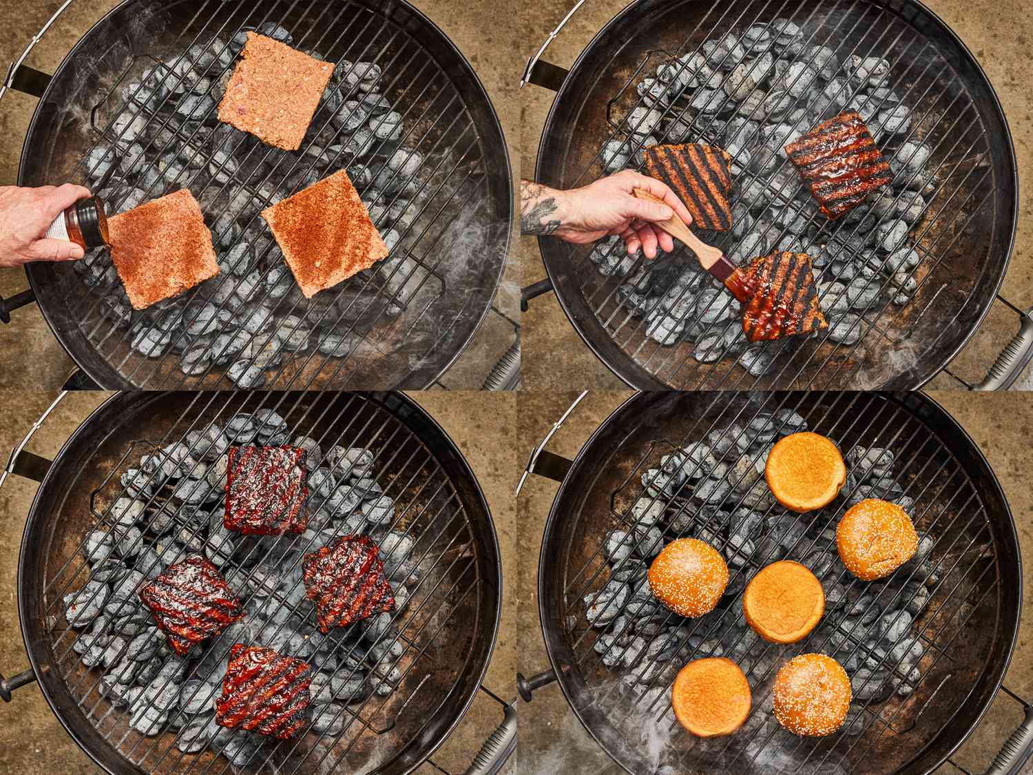 Four image collage of cooking meat patties and toasting buns on a grill