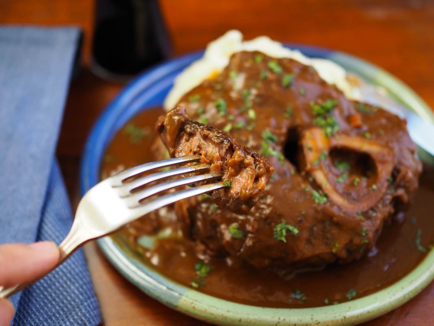 A forkful of wine-braised beef shank
