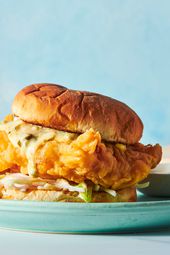 Side view of a fried fish sandwich