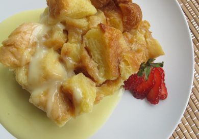 bread pudding and white chocolate sauce