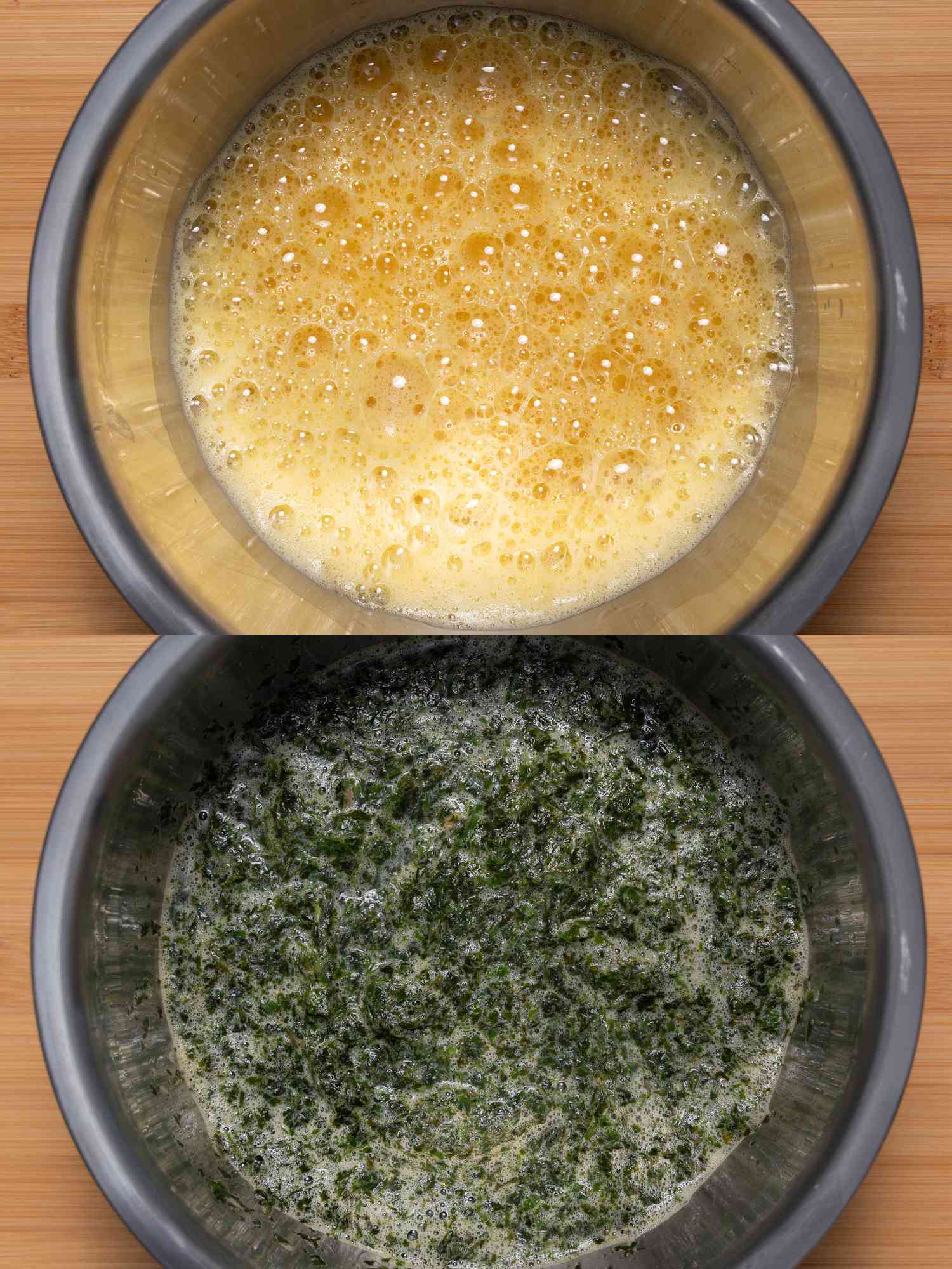Two image collage. Top: Whisked, frothy eggs in a bowl. Bottom: fresh herbs added into eggs