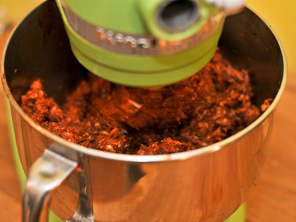 Chorizo sausage being mixed.