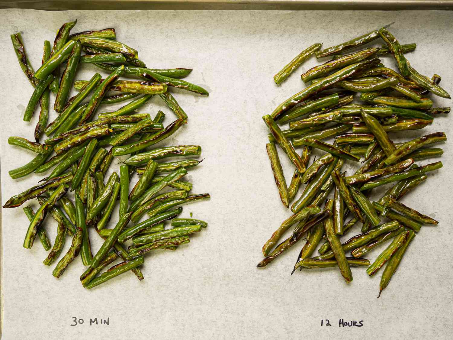 Overhead view of green beans brined 30 min and 12 hrs