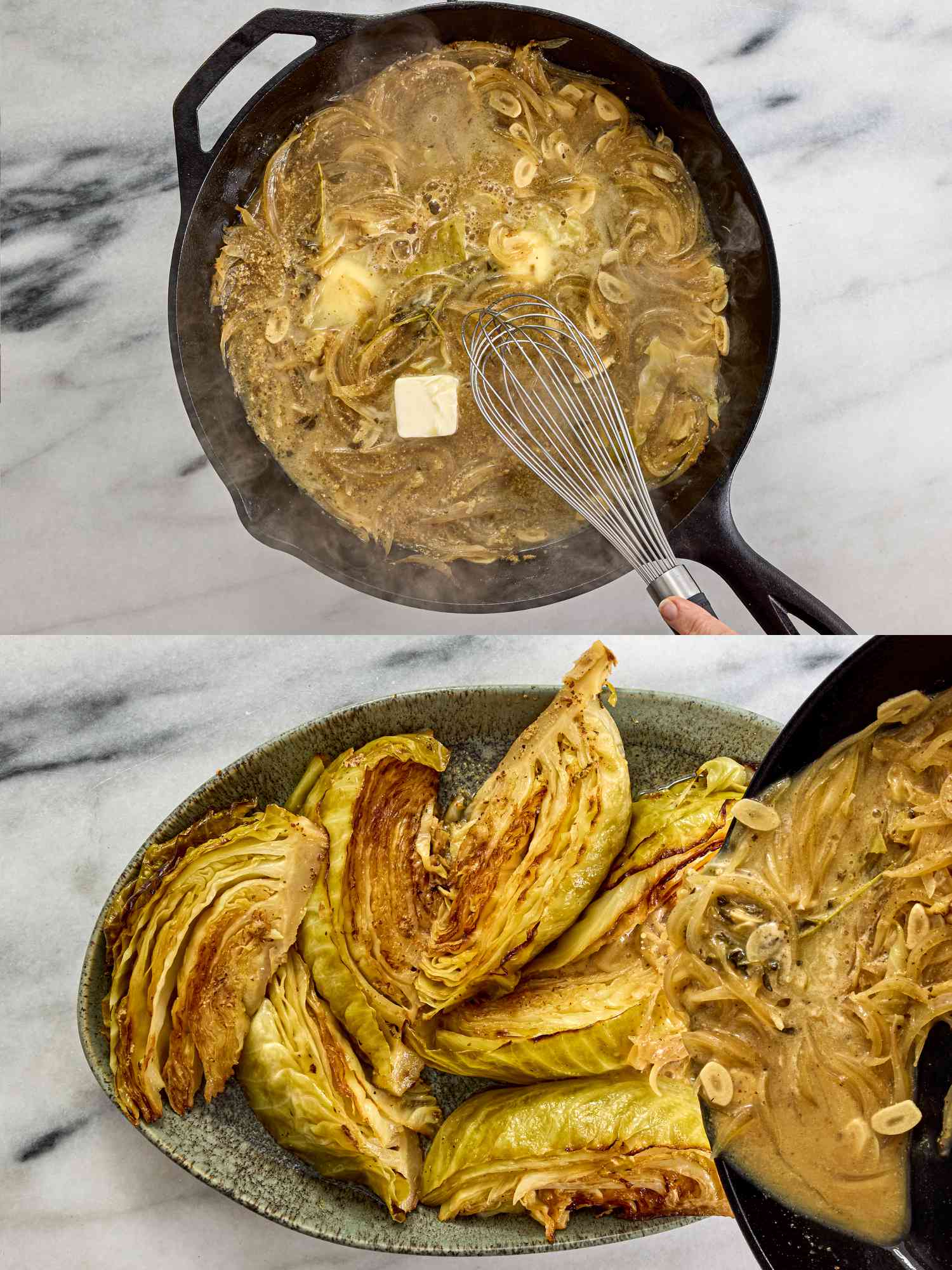 2 image collage. Top: adding butter to sauce in skillet. Bottom: pouring sauce over cabbage on a serving platter. 