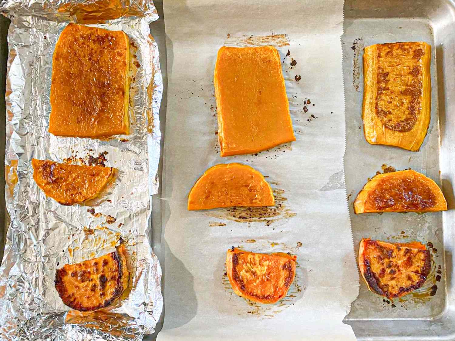 Baked vegetable slices on foillined trays arranged in sections