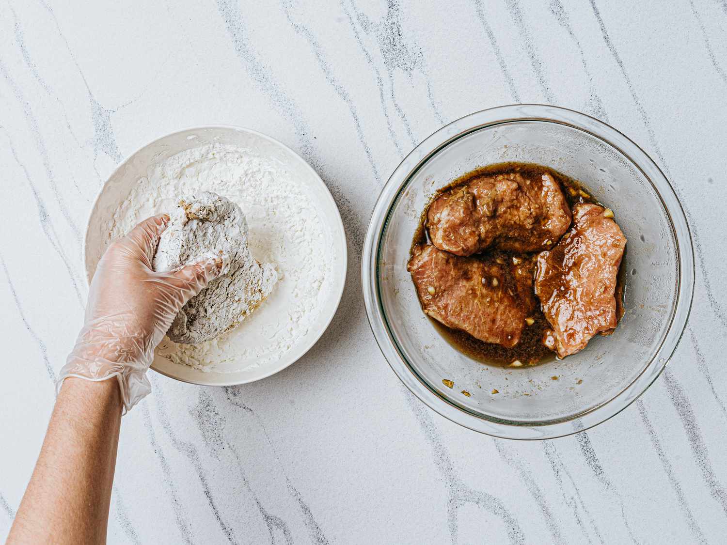 Two image collage of breading pork chops