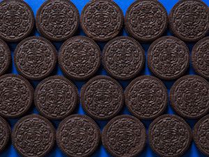 Oreos neatly lined up on a blue background.