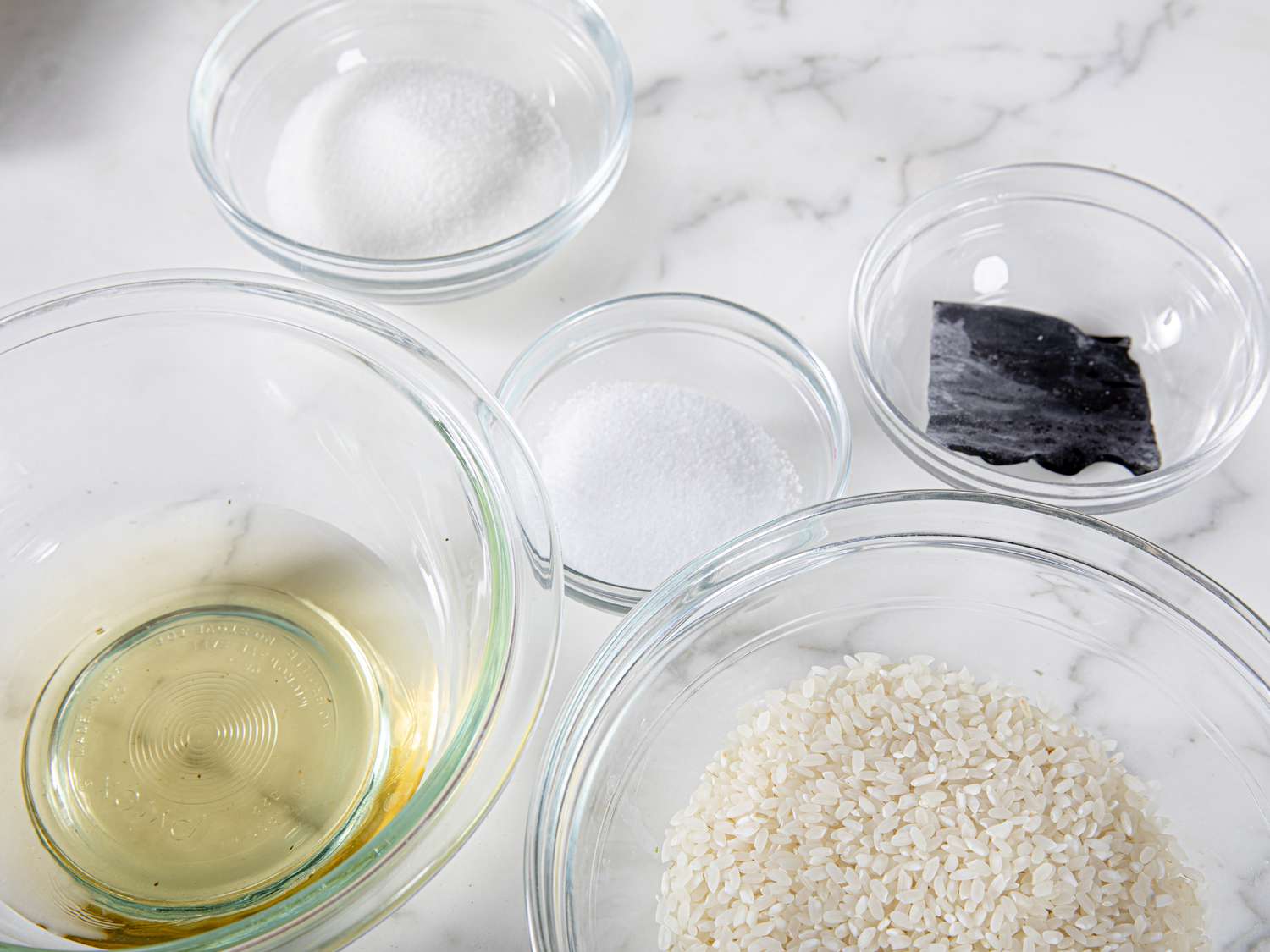 Overhead view of sushi rice ingredients
