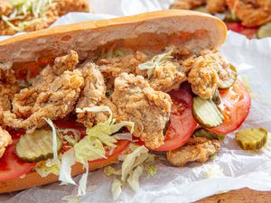 An overstuffed oyster po'boy.