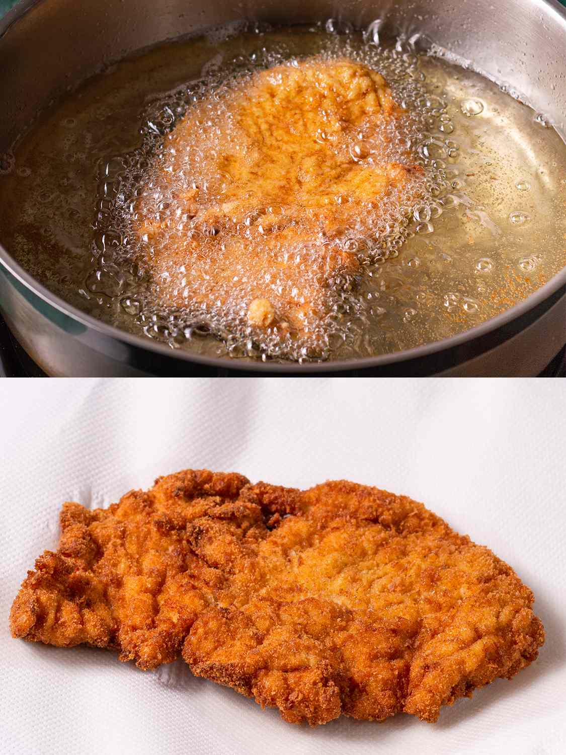 A vertical two-image collage showing the breaded chicken cutlets being cooked. The top image shows a cutlet being fried in a pan of hot oil, with the frying evidenced by the cutlet being surrounded by many fine bubbles. The bottom image shows the golden brown, fully cooked cutlet resting on a white paper towel.