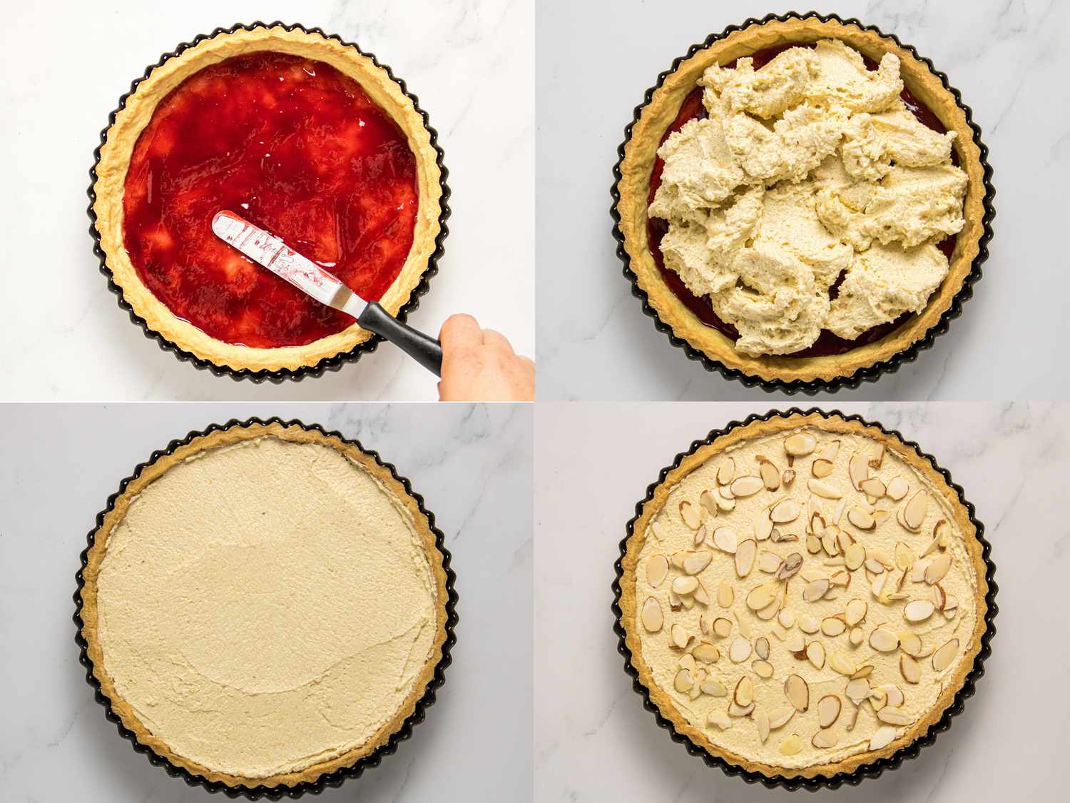 Steps for preparing a Bakewell tart, showing jam spread, almond cream added, smoothed surface, and sliced almonds sprinkled on top