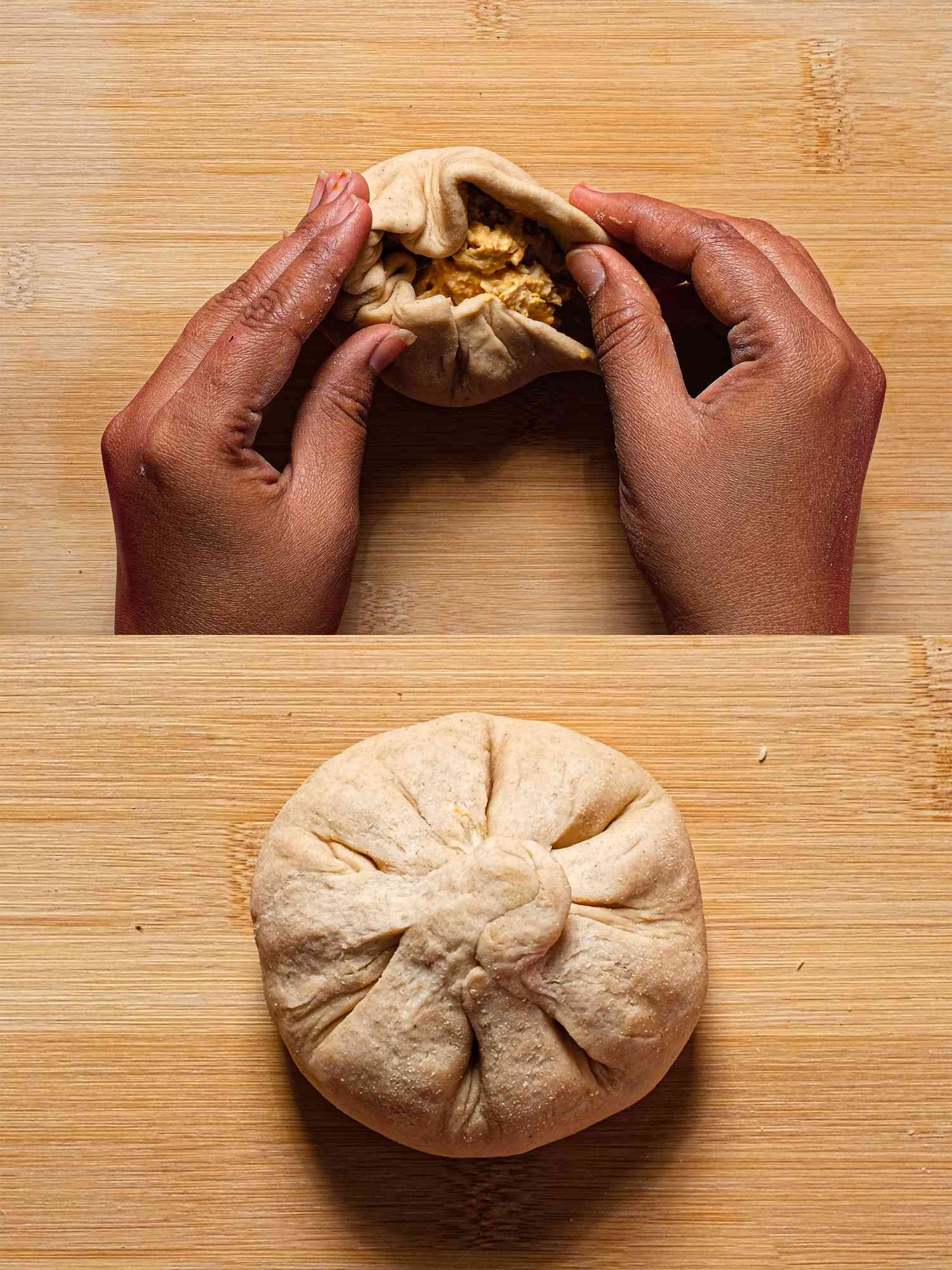 Two image collage of folding dough around filling