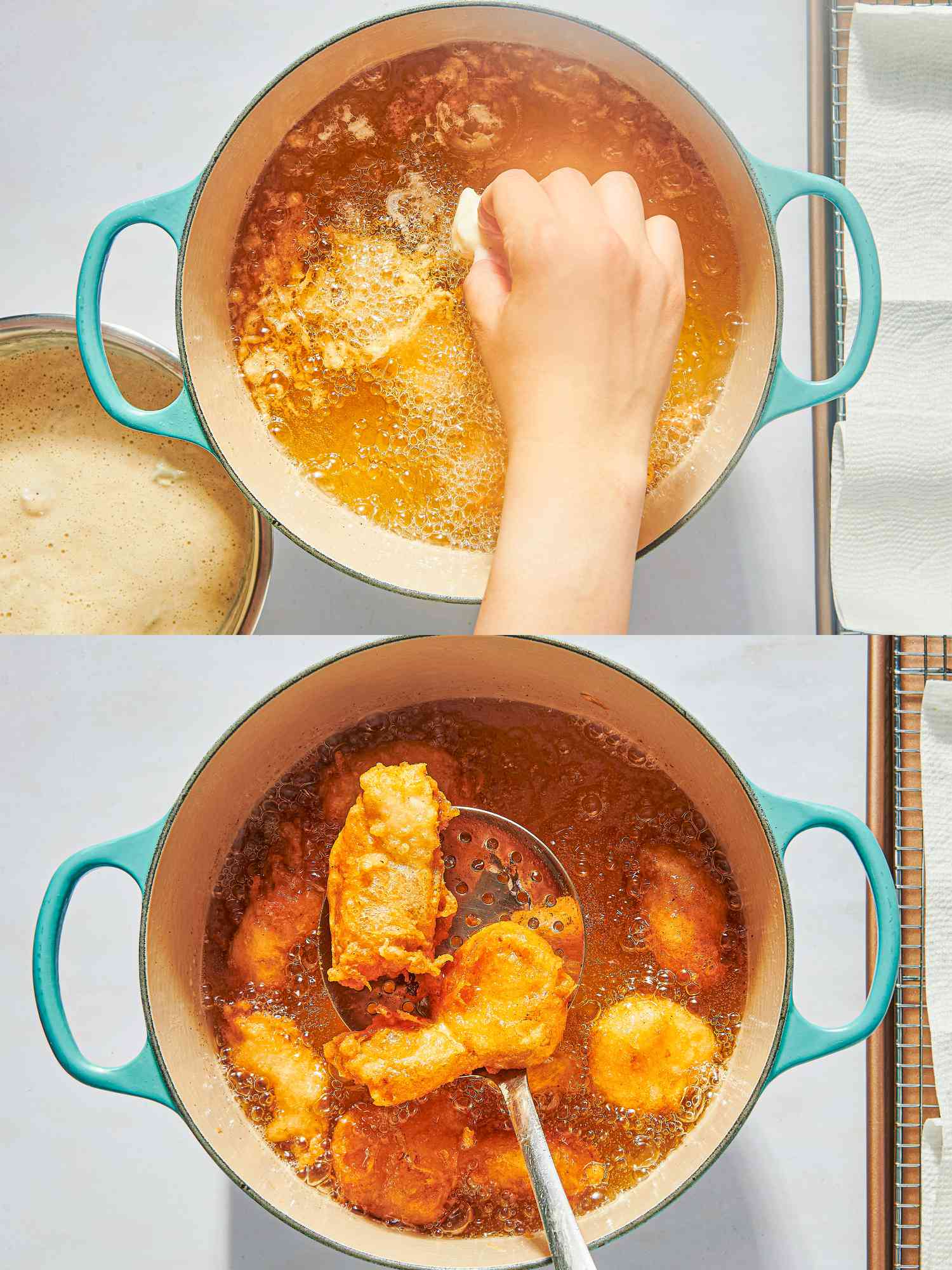 Two image collage o frying fish
