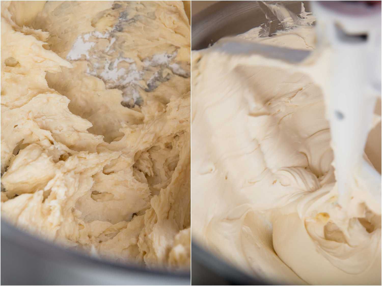 American buttercream before and after creaming until smooth. 