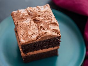 Chocolate cake frosted with eggless chocolate frosting.