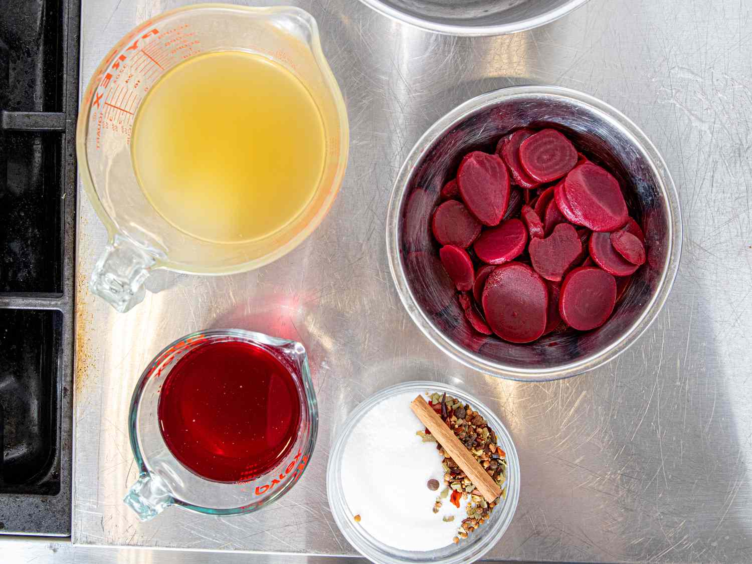 Overhead view of red beet pickled egg ingredients