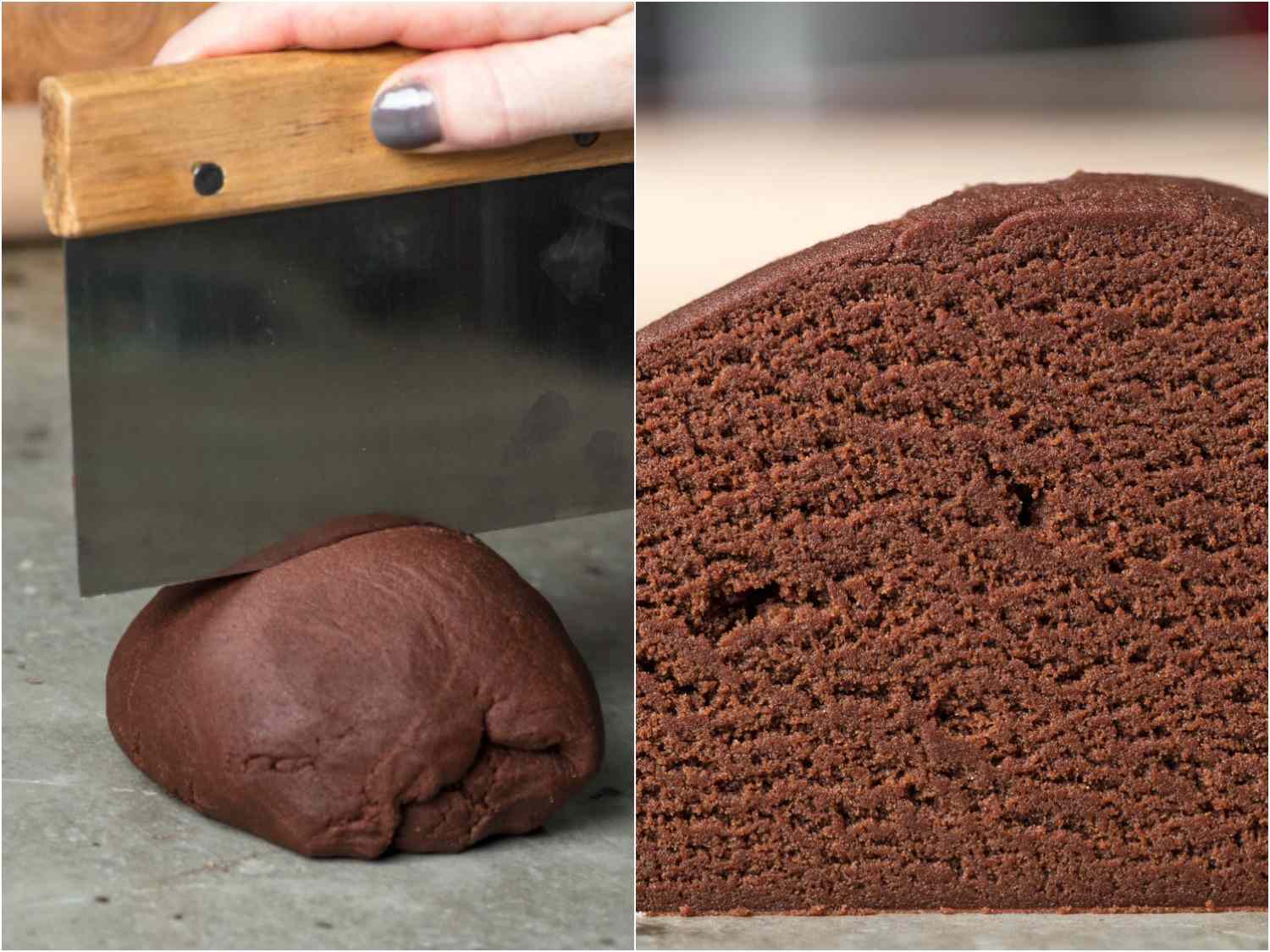 A 2-image collage of forming Oreo cookie dough into a ball and dividing the dough. 