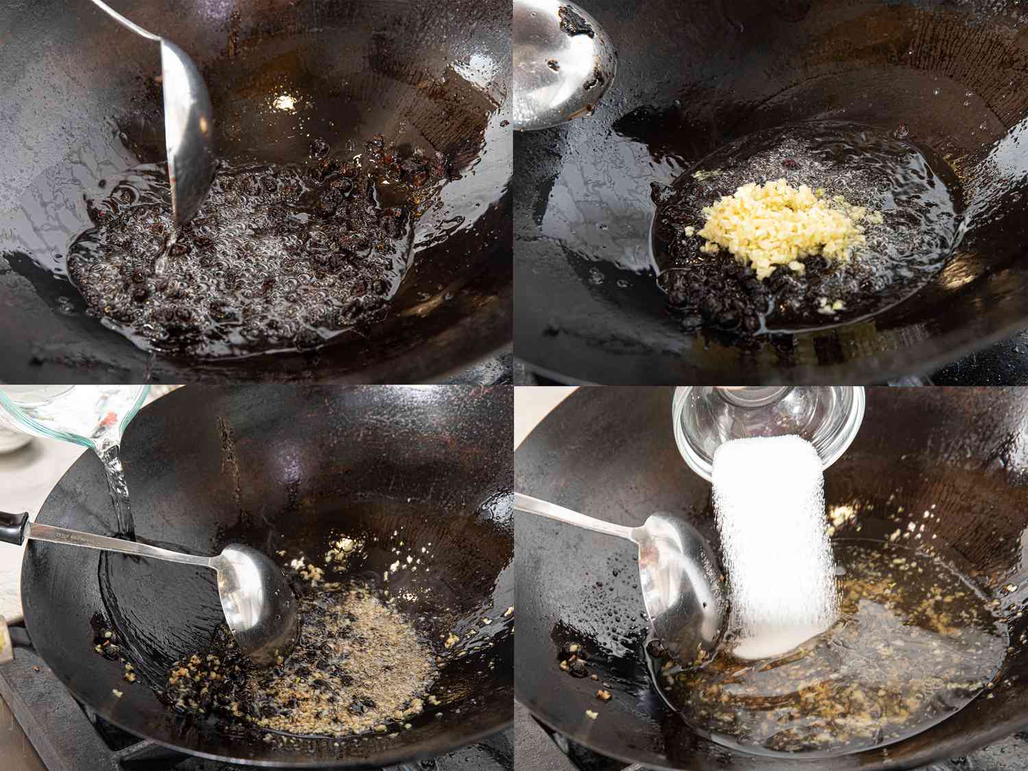 Four image collage of cooking sauce ingredients in wok